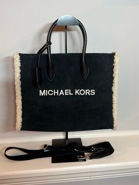 Michael Kors Black Suede Tote with Ivory Shearling Trim